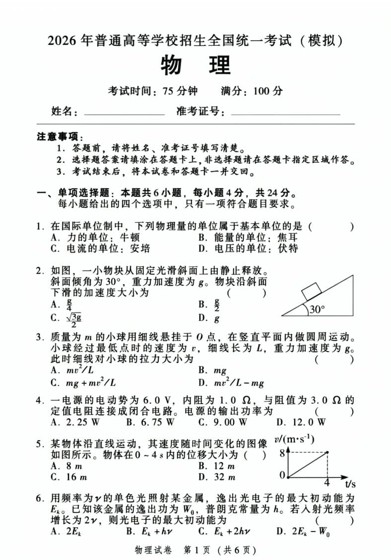 MOSS-Image: A printed Chinese mock exam page for physics, with numbered multiple-choice questions, formulas, a slope diagram and a velocity graph