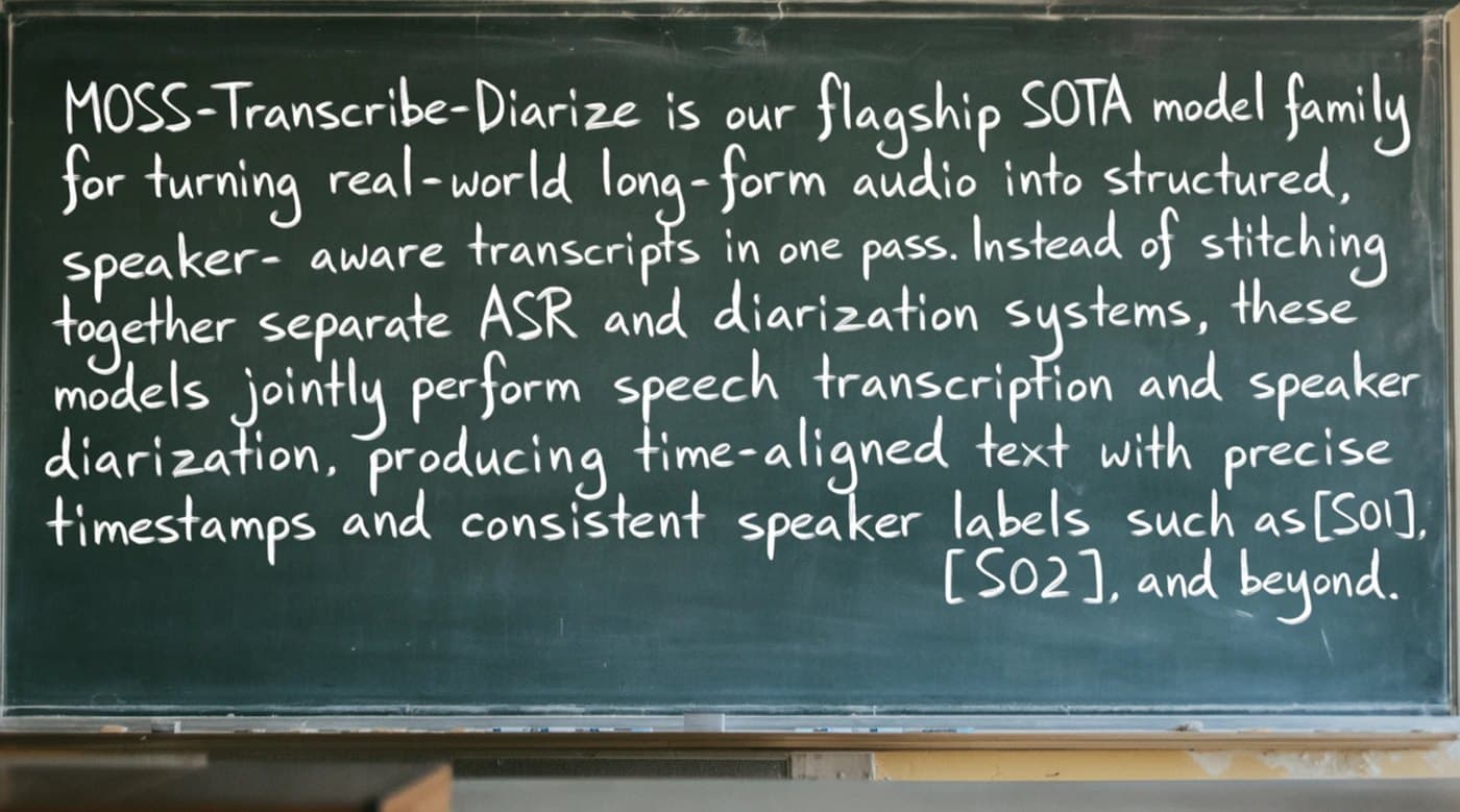 MOSS-Image: A classroom chalkboard filled with a handwritten English paragraph about a speech transcription model