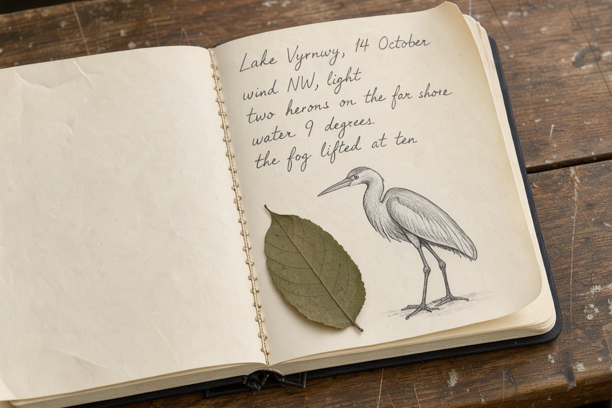 FLUX.3 Klein: an open field notebook on a wooden table, handwritten in pencil: the heading 'Lake Vyrnwy, 14 October', then the lines 'wind NW, light', 'two herons on the far shore', 'water 9 degrees', 'the fog lifted at ten', a small pencil sketch of a heron, a pressed leaf, nothing else written