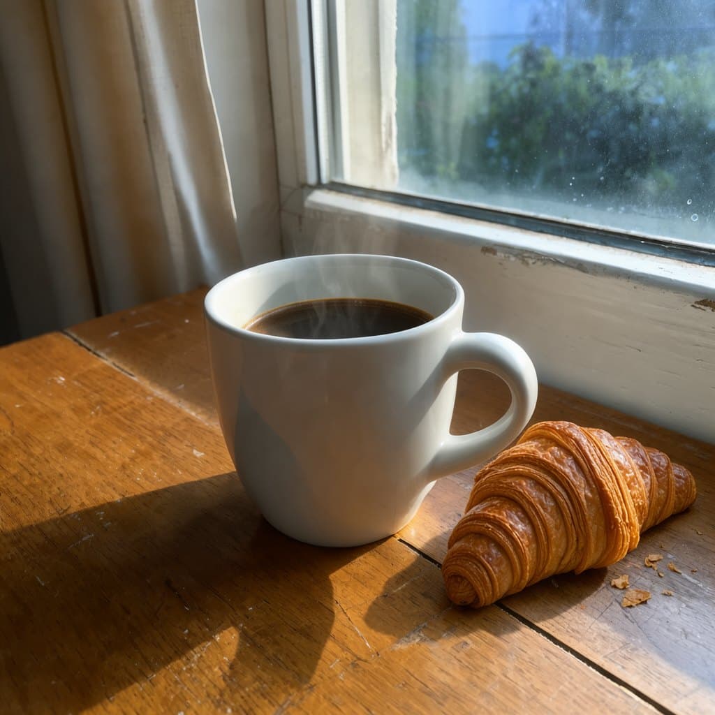FLUX.3 Klein: fill the mug with coffee and put a croissant next to it