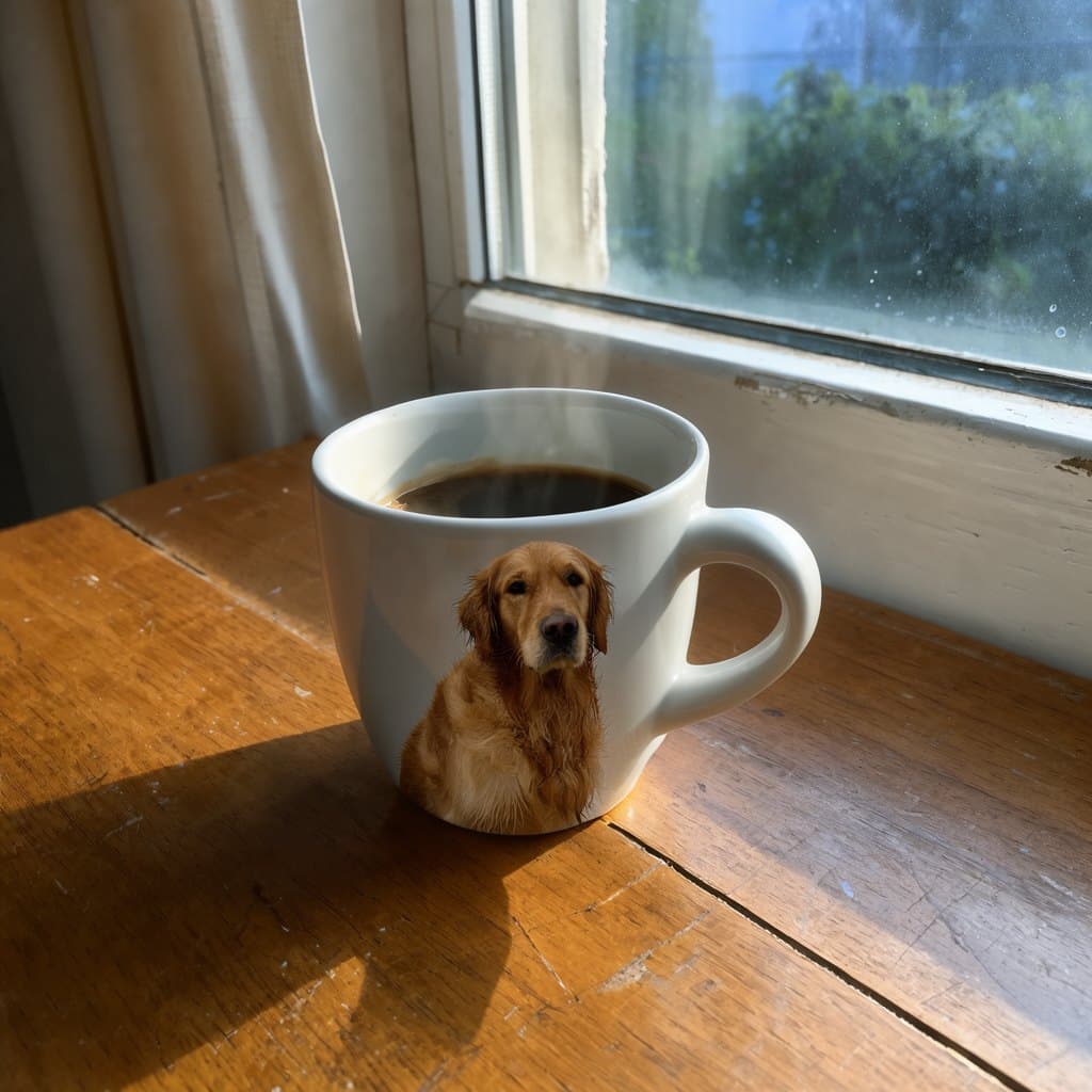 FLUX.3 Klein: print the dog from the second image onto the mug (two reference images: the mug photo and the dog photo)