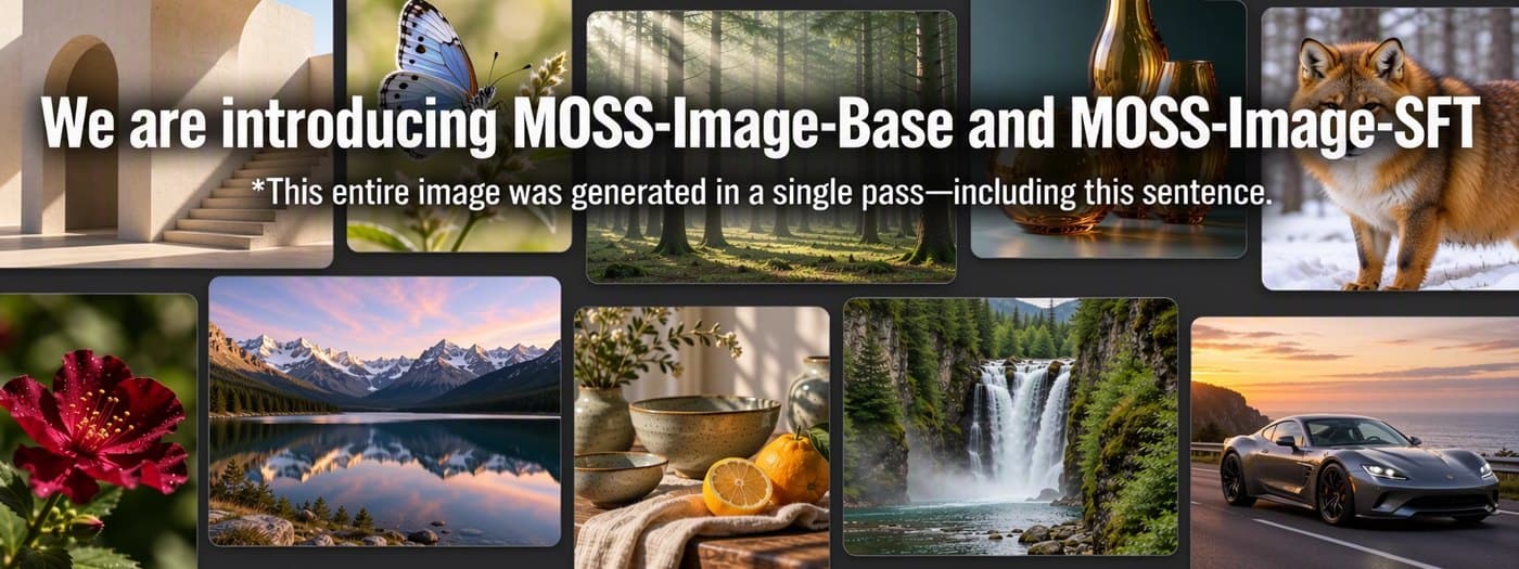 MOSS-Image: A collage of landscape, still-life and animal photos with the headline "We are introducing MOSS-Image-Base and MOSS-Image-SFT" across it, generated as one image including the sentence